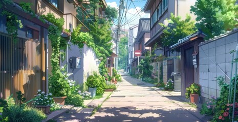 Fototapeta premium A neighborhood in rural Japan, outdoor streets with houses, green and nature scenery, scenic view, anime artwork