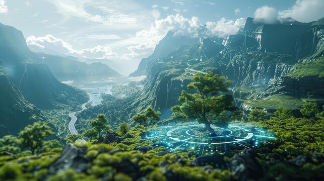 Holographic landscape shots, futuristic nature scenes, innovative tech