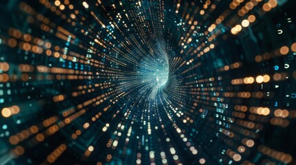 A digital tunnel composed of abstract shapes and lines of light, with a deep, dark blue background.