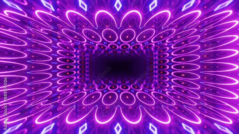 Poster 4k seamless looped animation. fly through mirror tunnel with neon pattern, glow lines form sci fi pa