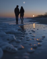 Silhouetted couple walking on the beach at twilight with foamy waves and glowing moon in the background.