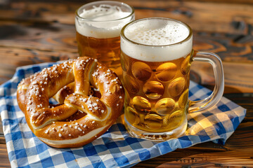 A close-up of mugs of beer served with brezels on a wooden table with a city at sunset in the background