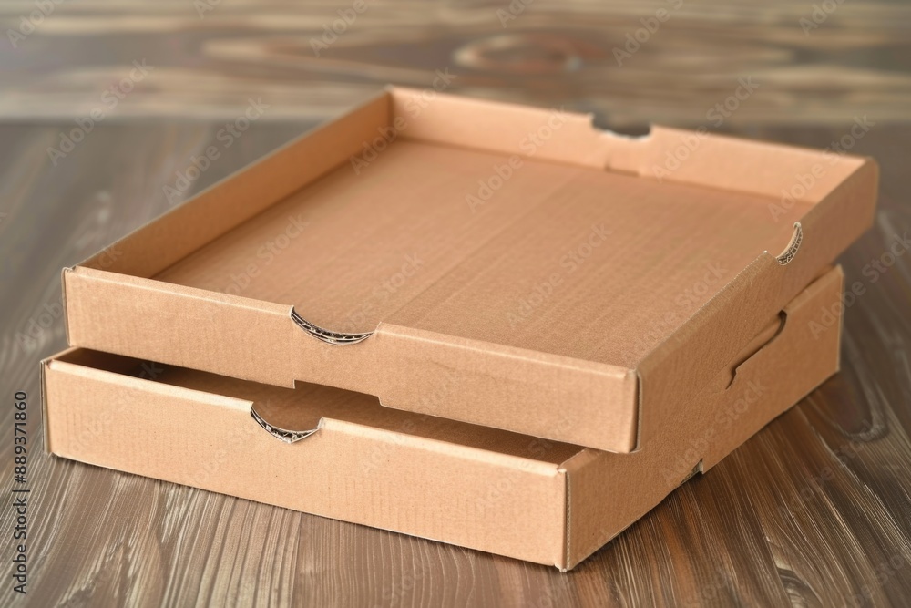 Poster Two open boxes sitting on a wooden table, ideal for storing or displaying items