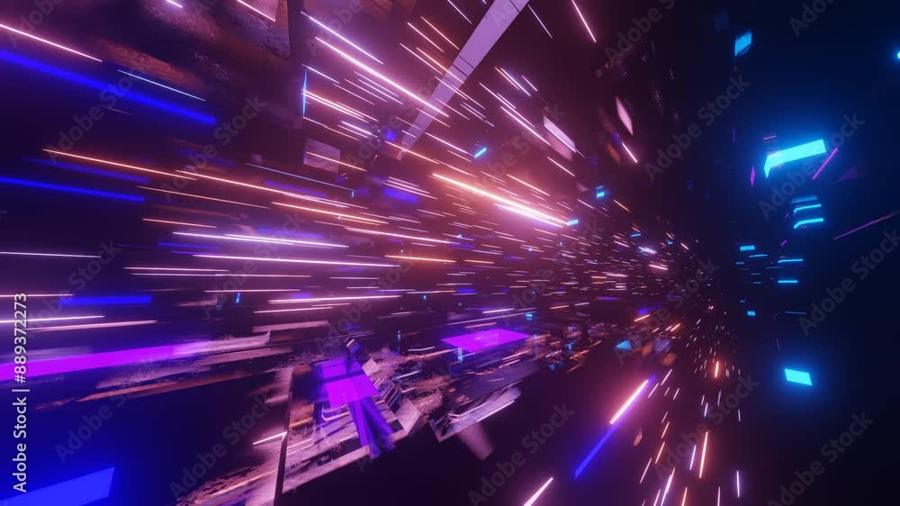Poster fly through mirror designs form tunnel technology cyberspace with neon glow. sci-fi flight through d