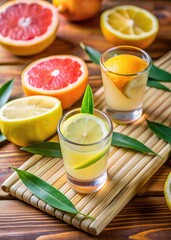 Fototapeta premium Freshly squeezed citrus juices in glasses on a bamboo mat.