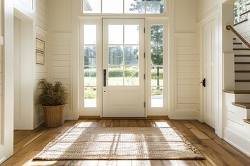 Award-winning photography of a beautiful large front entry door in a hallway, featuring white and wood elements, wooden floor, and a window over an interior wall, in modern farmhouse style.
