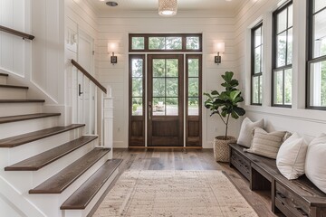 Award-winning photography of a beautiful large front entry door in a hallway, featuring white and wood elements, wooden floor, and a window over an interior wall, in modern farmhouse style.