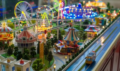 Naklejka premium Detailed Miniature Amusement Park Model Featuring Various Attractions, Ideal for Tourist Guide Illustrations and Brochures, 4K High-Resolution Wallpaper with AI-Generated Background