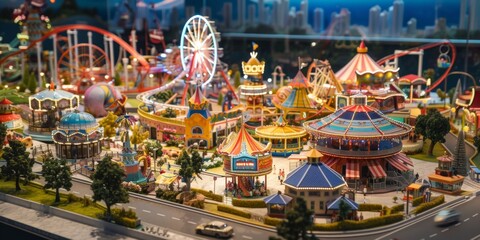 Obraz premium Detailed Miniature Amusement Park Model Featuring Various Attractions, Ideal for Tourist Guide Illustrations and Brochures, 4K High-Resolution Wallpaper with AI-Generated Background