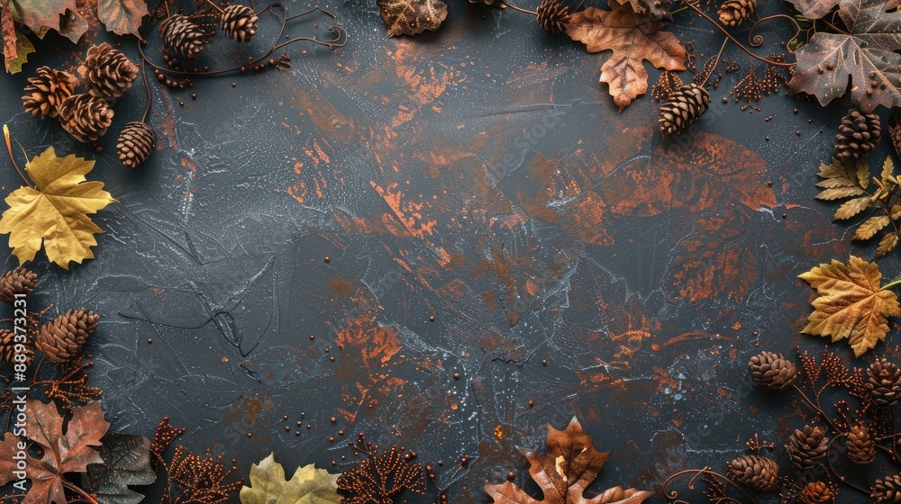 Poster autumn themed top down view with rustic border and copy space