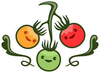 Tomatoes cartoon character on the stem, vegetables and food. Garden beds, organic farm and cherry tomatoes  on a branch, illustration
