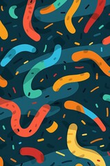 Abstract colorful worm pattern on dark background with curves and dots