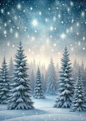 Fototapeta premium Snowy pine trees under a starry winter sky.