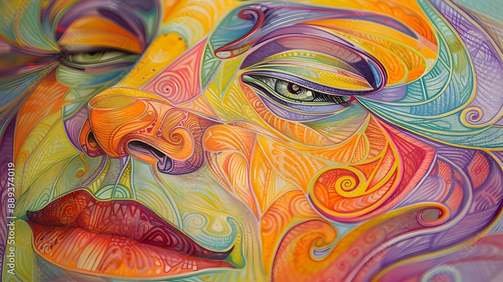 Poster vibrant psychedelic surreal portrait with distorted facial features and fluid kaleidoscopic patterns
