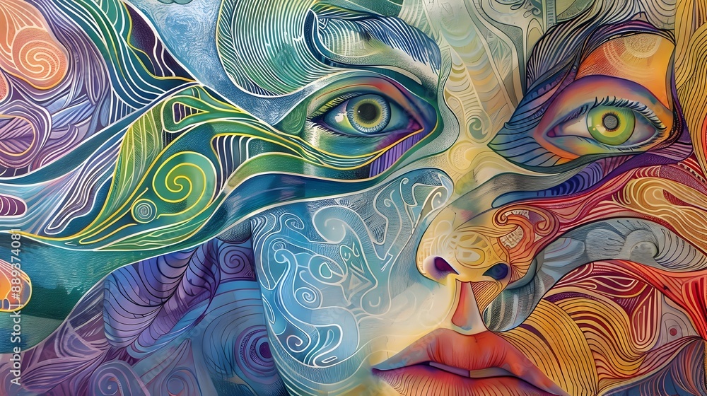 Poster captivating psychedelic surreal digital art with vibrant fluid patterns and expressive faces