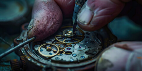 Close-up of a hand repairing a broken watch adjusting wheels and cogs.