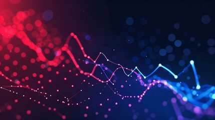 A background of digital particles in red and blue colors, forming the wave.