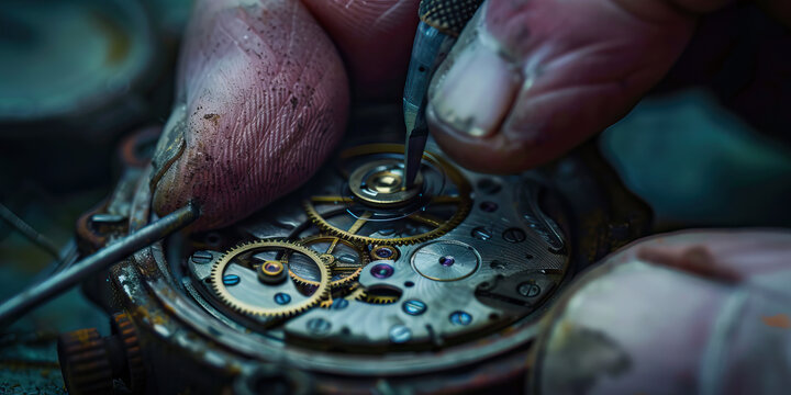 Close-up of a hand repairing a broken watch adjusting wheels and cogs.