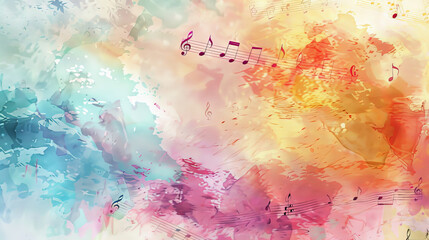 Fototapeta premium An abstract watercolor background with vibrant hues and musical notes softly integrated, evoking a sense of lyrical beauty.