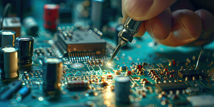 Close-up of a hand soldering electronic components on a circuit board