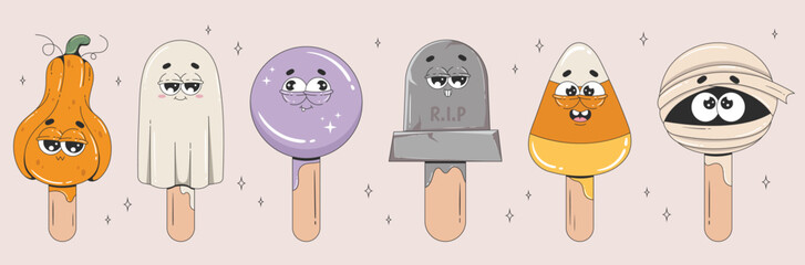 Retro halloween characters in the form of ice cream on a stick. Cute cartoon pumpkin, ghost, magic crystal ball, tombstone, mummy, candy corn. Vector illustration in trendy groovy style.