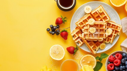 Breakfast with freashly baked belgian waffles on yellow background top-down