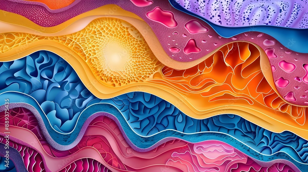Poster vibrant fluid abstract digital art composition with colorful geometric patterns