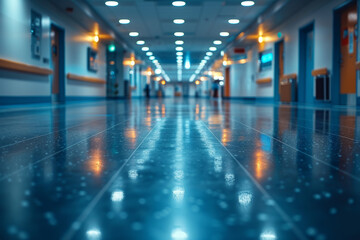 Fototapeta premium Bright Pediatric Hospital Hallway: A Low Angle View of a Clean, Shiny Floor with Blue Walls and Soft Lighting, Reflecting a Modern, Child-Friendly Medical Environment, Healthcare, copyspace