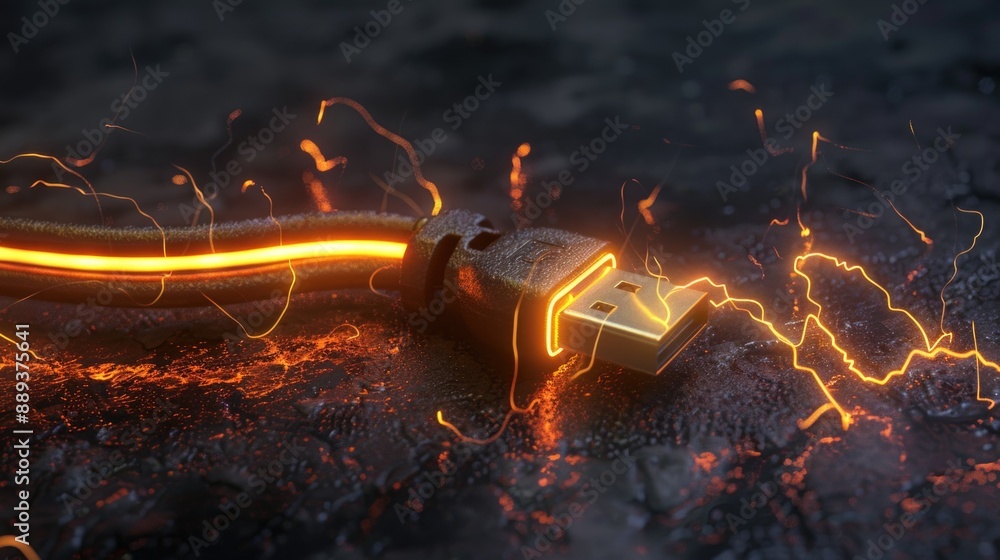 Poster a close-up shot of a power cord with sparks emerging from the end