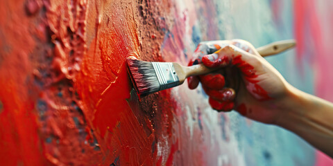 Close-up of a hand using a paintbrush to apply a fresh coat of paint to a wall