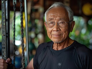 Obraz premium Strong Thai Senior Citizen Exercising with Determination in Gym, Muscular Detail Highlighted