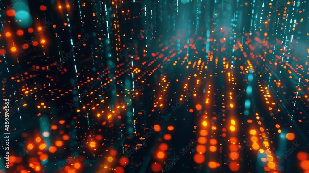Poster a dark background is lit by a field of colorful, glowing dots and lines. the light appears to be mov