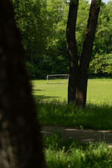An old, abandoned football stadium in the woods. A football field, a gate in the distance. Framing