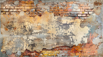 Grunge background showcasing an old, weathered brick wall with patches of peeling paint and urban decay.