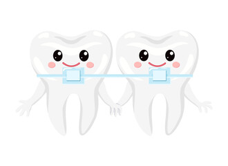 Two cartoon teeth with braces for pediatric dentistry. Straightening crooked teeth.