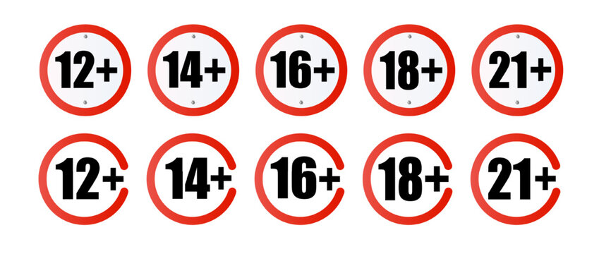 Age limit sign set. Adults content only age restriction. Censure warning age plus. Vector .