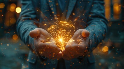 Business man holding blue electricity light bolt in his hands