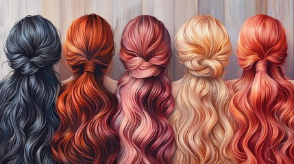 Compositions of different types and colors of women's hair