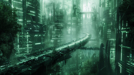 Obraz premium Sci Fi Grunge Modern Clean background depicting an alien cityscape, with futuristic buildings, glowing walkways, and a mix of clean technology and natural elements.