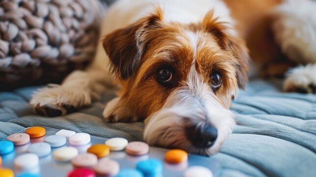 Dog's head in detail is climbing on tablets.Veterinary ovens and animal health