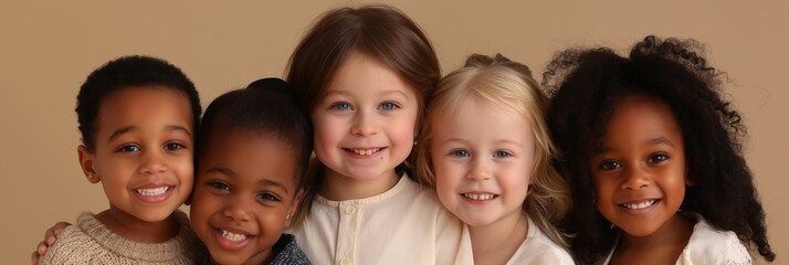 A heartwarming portrait of a diverse group of adorable children hugging indoors, radiating joy and friendship in their innocent expressions.