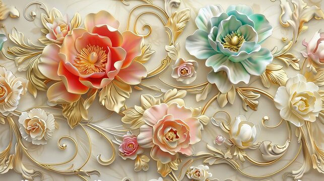 Fototapeta Elegant 3D illustration of classic floral patterns on a luxurious wallpaper for a sophisticated home interior.