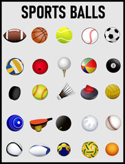 Sports balls for various sports games are a realistic vector illustration set of 25 balls.