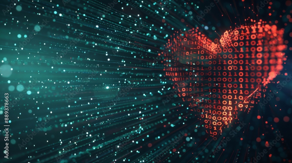 Poster A red heart made of binary code is formed from lines of data in a digital space.