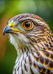 Fototapeta premium Closeup of a hawk with green foliage in the background.