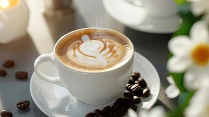 A steaming cup of cappuccino with latte art on a table, surrounded by coffee beans and a white daisy.