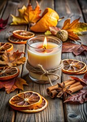 Fototapeta premium Candle surrounded by dried orange slices and spices.