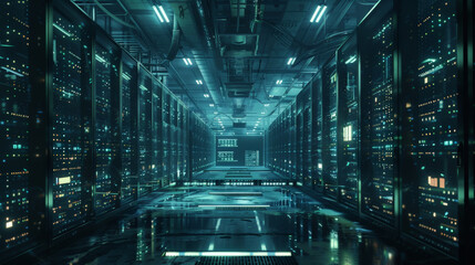 Fototapeta premium Sci Fi Grunge Modern Clean background of a high-tech data center, with rows of servers, glowing lights, and a mix of pristine and grungy elements.