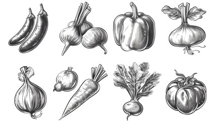 Nine vegetable sketch icons, modern and symmetrically arranged on white background