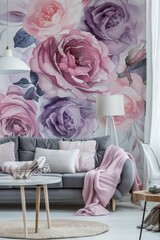 In this living room, floral photoart is used as wallpaper